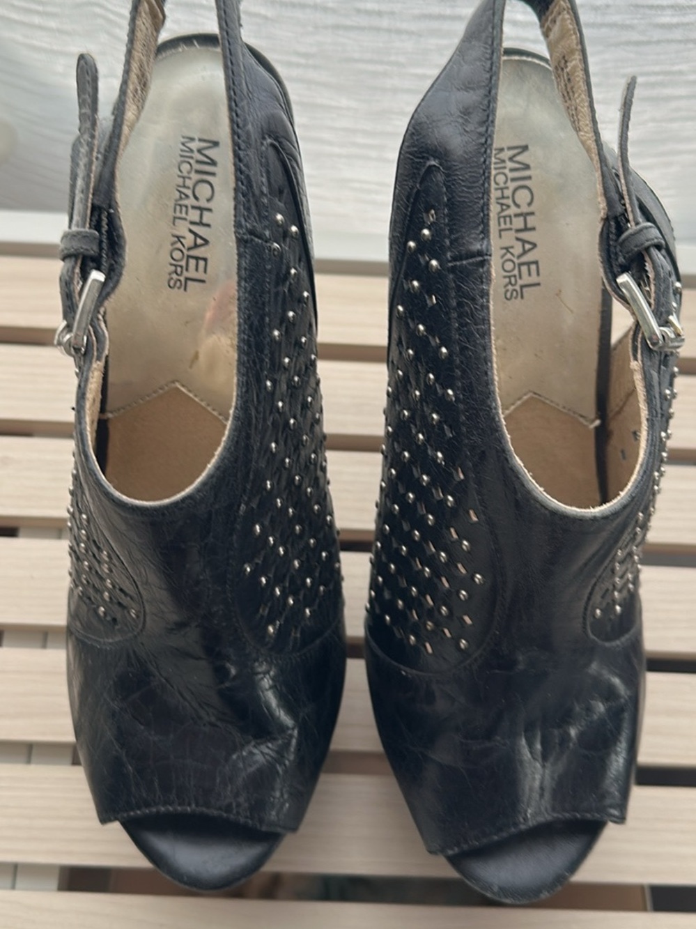 MICHAEL Michael Kors Black Studded Peep-Toe Slingback Heels